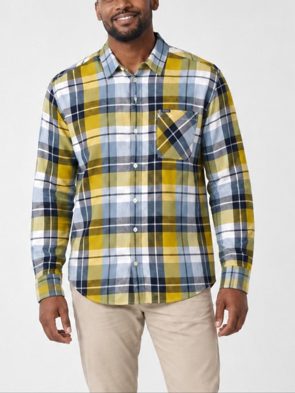 Garcia Men’s XL Fine Cotton Plaid Button Down Shirt Mustard Blue
